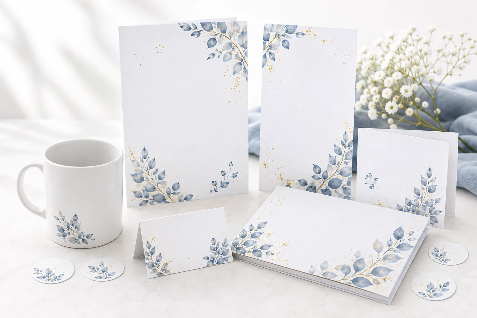Bijpassende kaartjes, stickers en een mok in dezelfde blauw-gouden stijl.