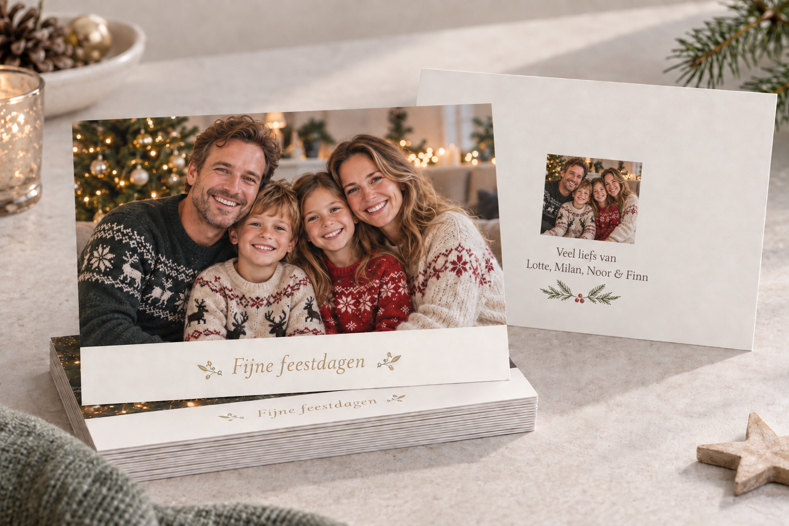 Voorbeeld van een persoonlijke kerstkaart met gezinsfoto en namen op de achterkant