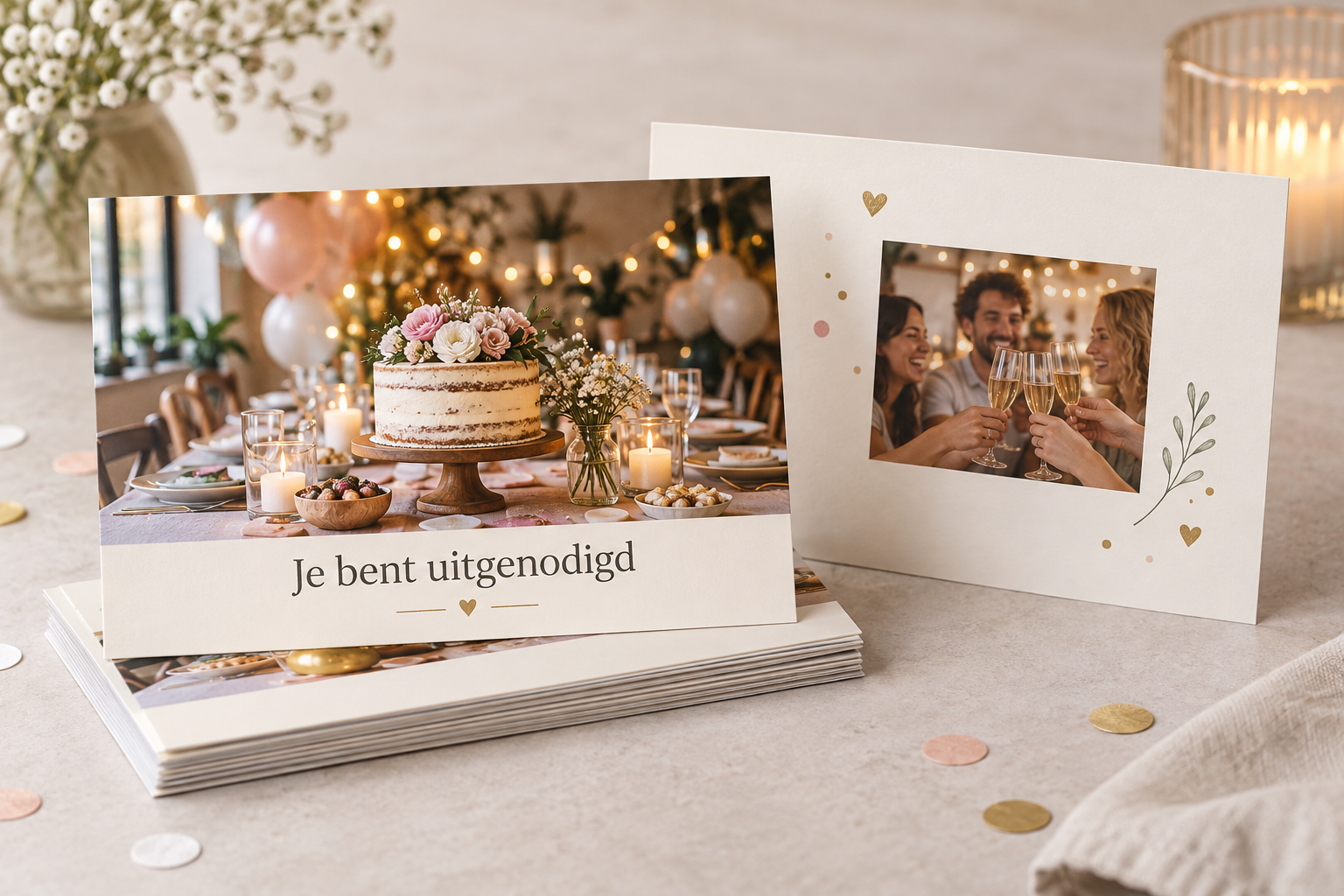 Voorbeeld van feestuitnodigingen met grote foto vooraan en kleine foto achteraan